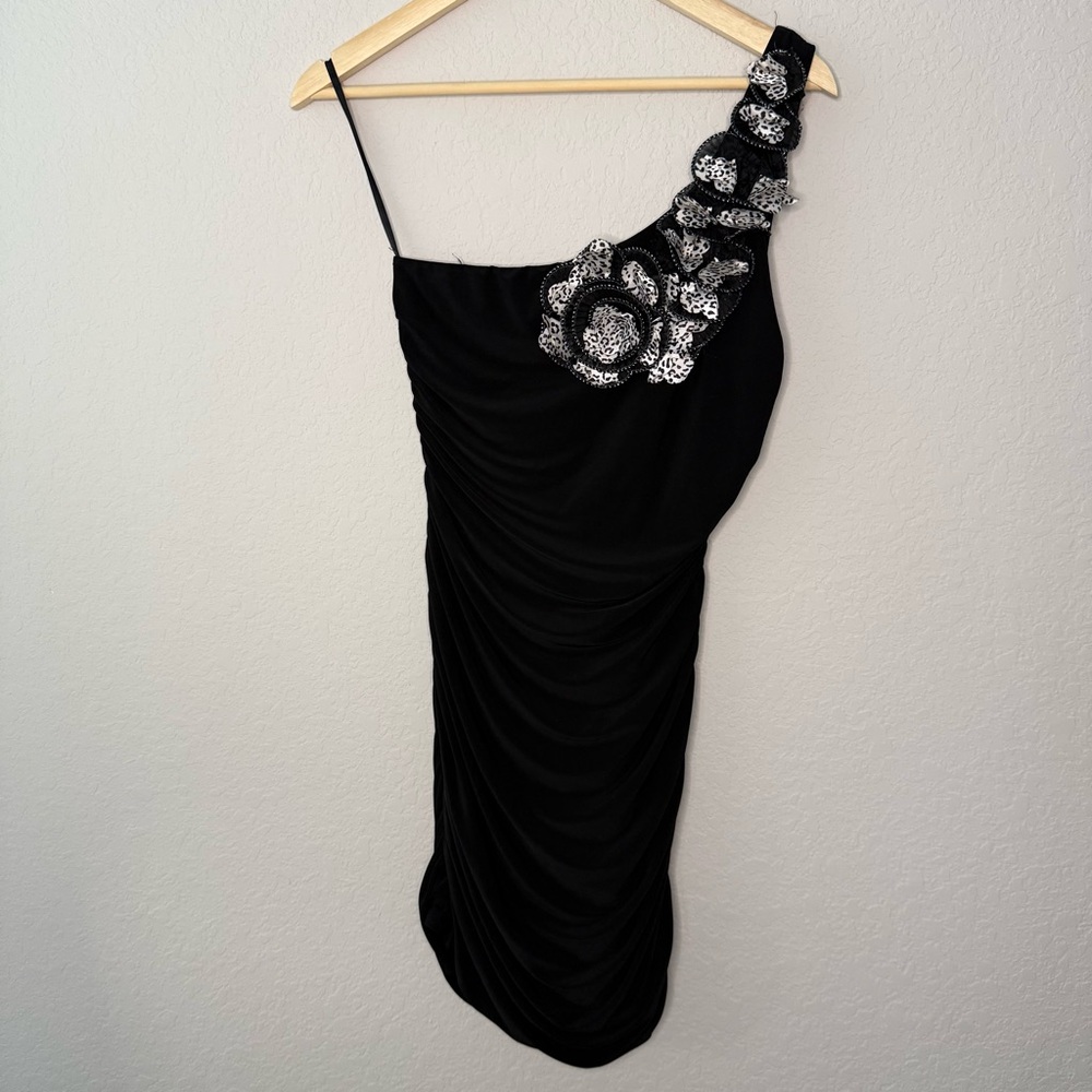 Deb Black One-Shoulder Ruched Dress with Silver Embellished Floral‎ Strap
